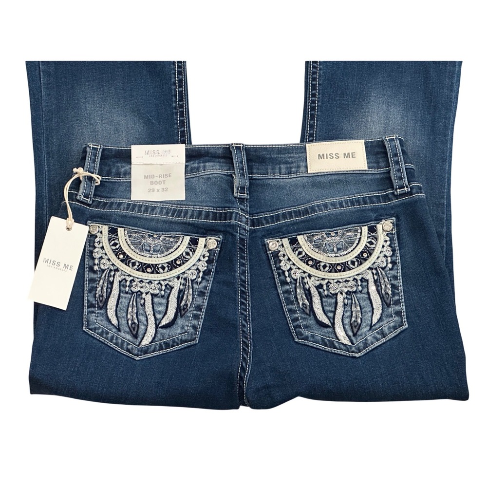 Miss Me Mid-Rise Bootcut Jeans Dark Wash Embroidered Dreamcatcher 29x32  Western